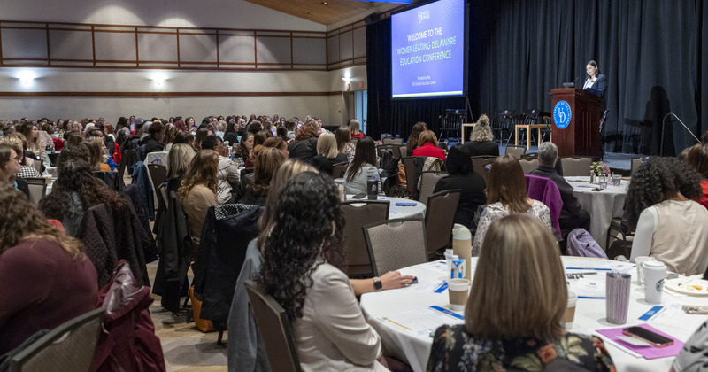 Alison Travers, assistant director of the Delaware Academy for School Leadership in CEHD’s School Success Center, welcomes nearly 400 educators to the 2025 Women Leading Delaware Education Conference.